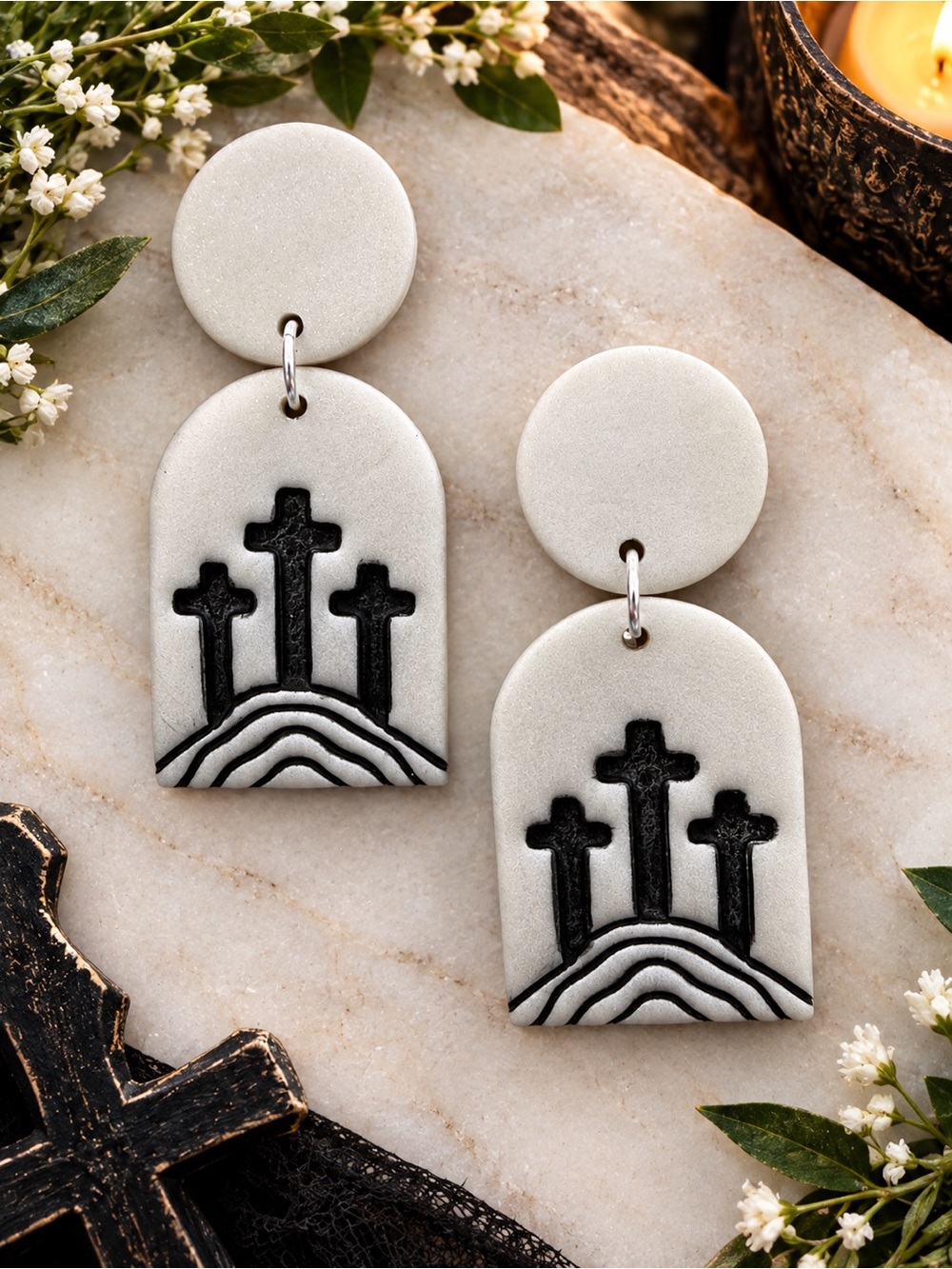 White Cross Drop Handmade Polymer Clay Earrings